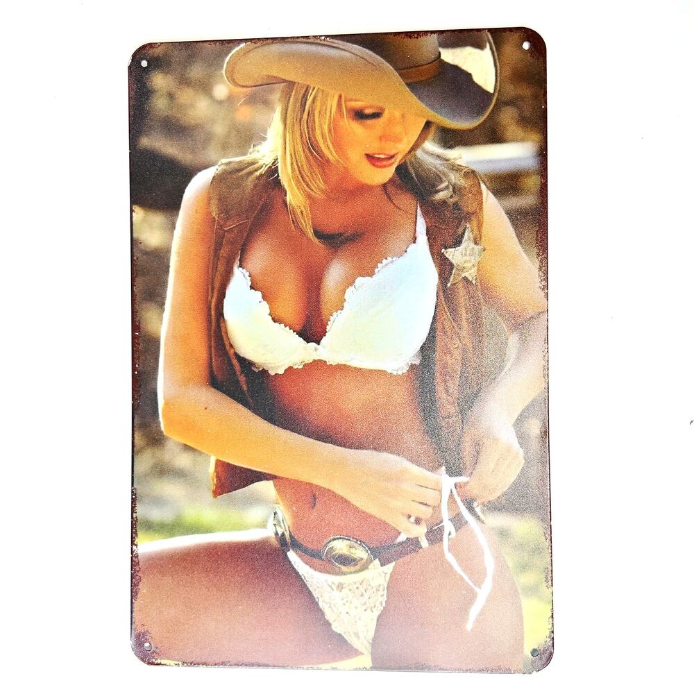 Cowgirl Pin Up Tin Sign 12×8 Western Bikini Sheriff Retro Metal Wall Art Decor